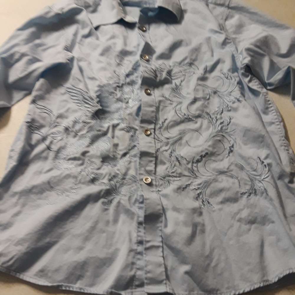 Redemption blue shirt with dragon stitching